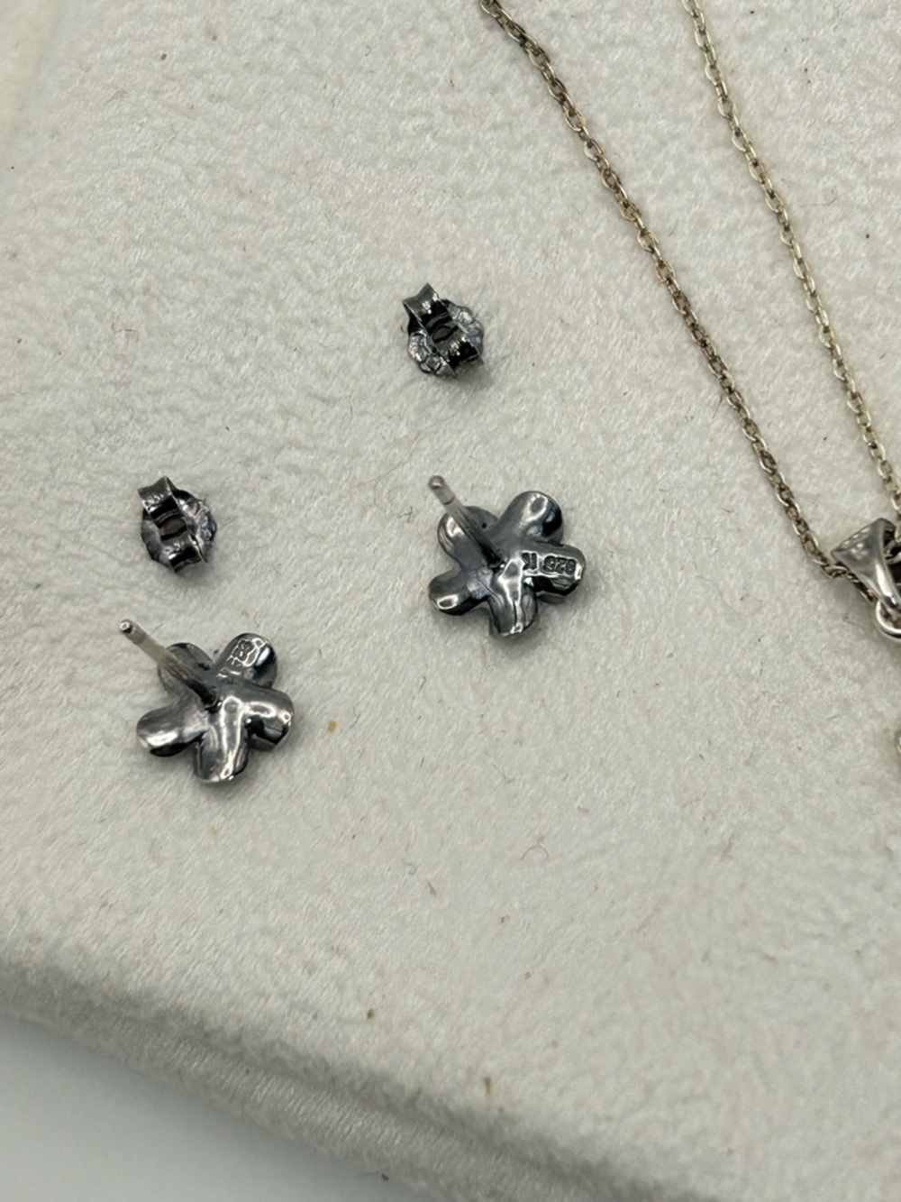 Sterling Silver Plumeria Necklace Earrings Set Stamped 925 Smoky Gray Studs - Picture 11 of 15